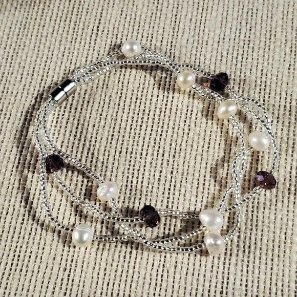 Hand Crafted Freshwater Pearl Austrian Crystal White Purple Twist Bracelet - Picture 6 of 8
